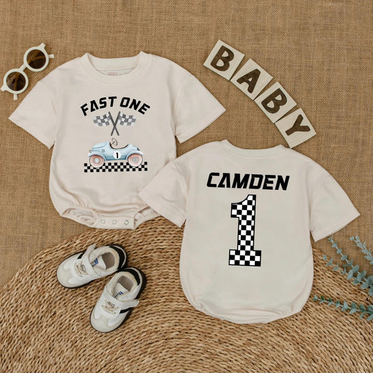 Custom Name Fast One Race Car First Birthday Baby Boy Romper Outfit Bodysuit Cake Smash Party Gift for Toddlers Boys