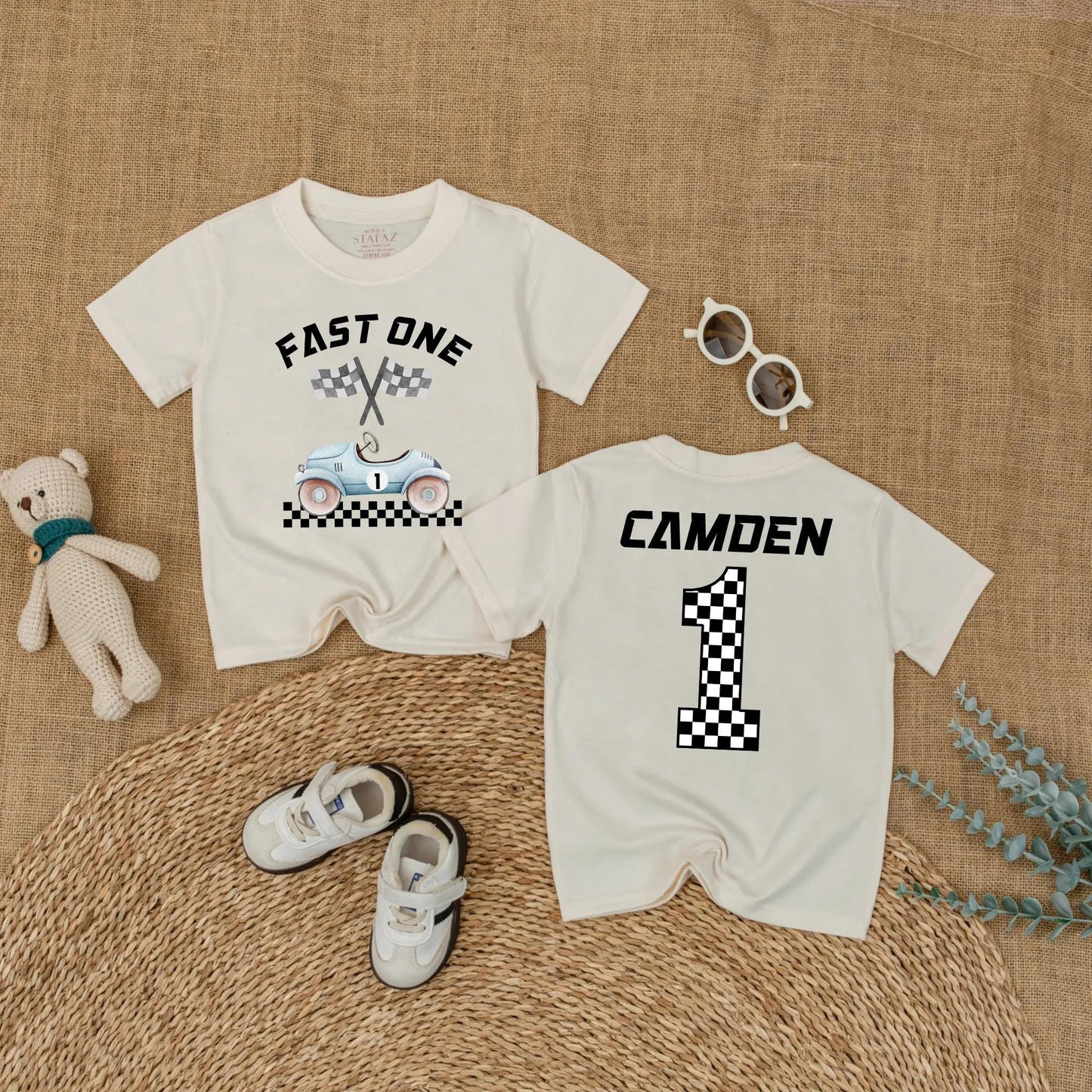 Custom Name Fast One Race Car First Birthday Baby Boy Romper Outfit Bodysuit Cake Smash Party Gift for Toddlers Boys