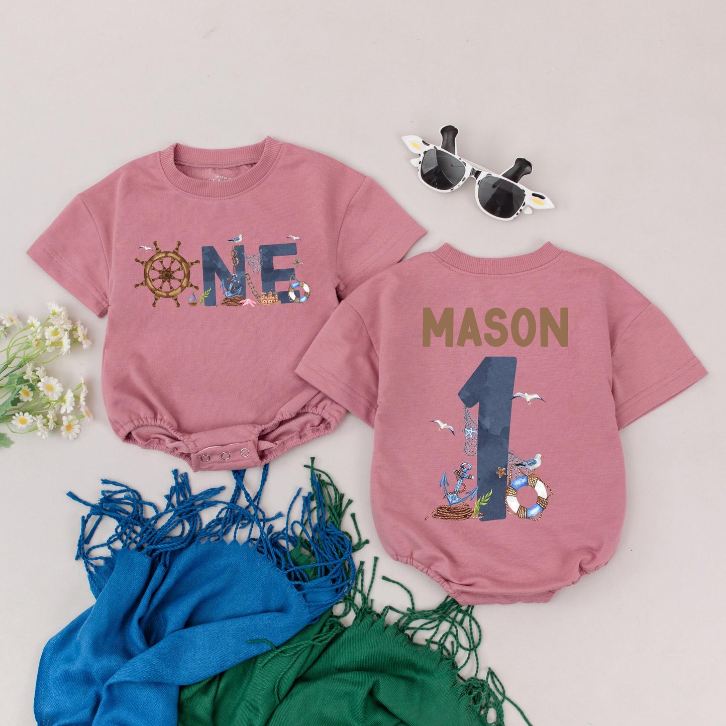 Nautical First Birthday Romper Sailing Into One Baby Boy Outfit Ocean Theme Sailor Bodysuit Custom Name Gift Idea