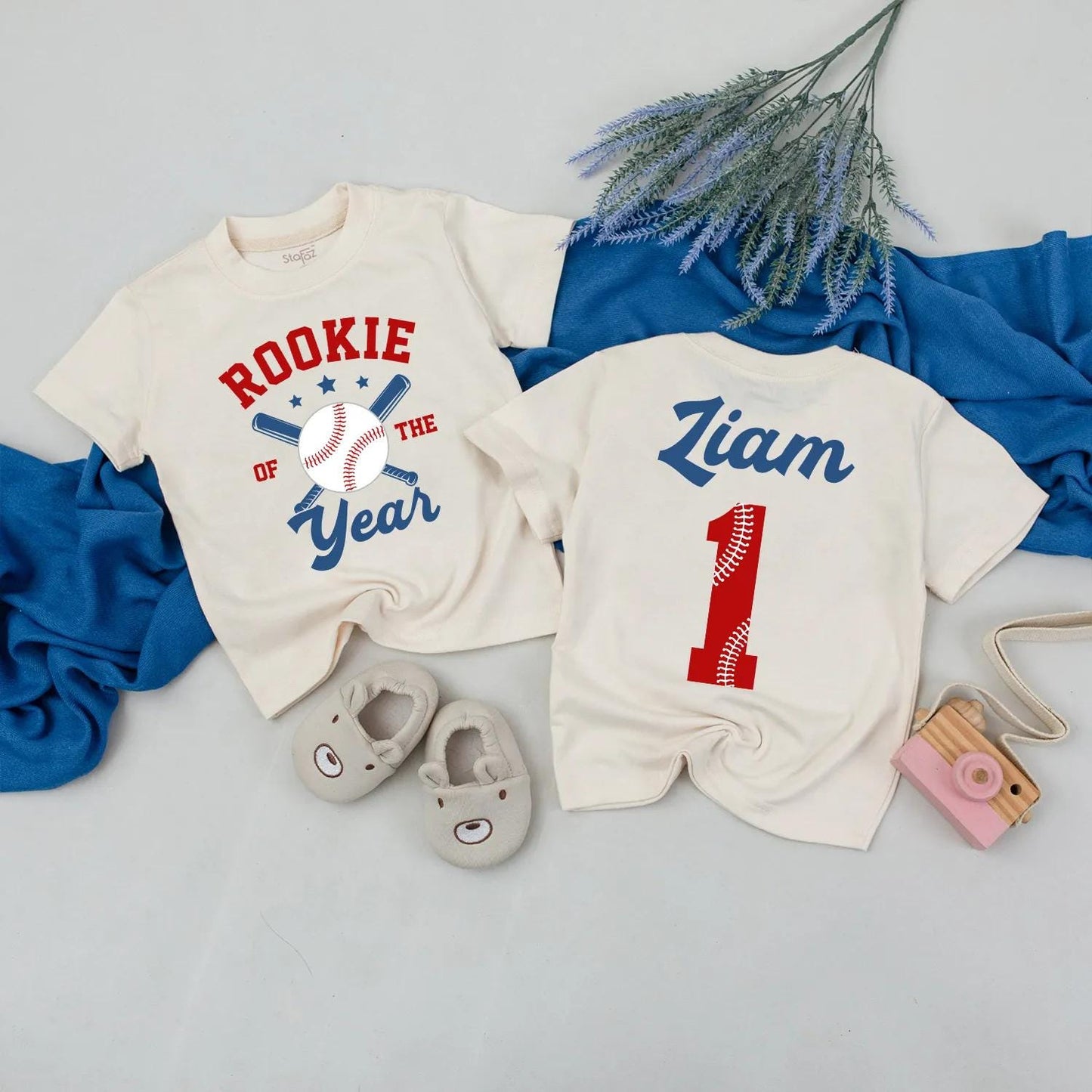 Rookie of the Year Baseball Family Matching Outfits, 1st Birthday Romper Set, Game Day Shirts for Dad, Mom, Bro, Red White Blue Star Accents (138 chars)