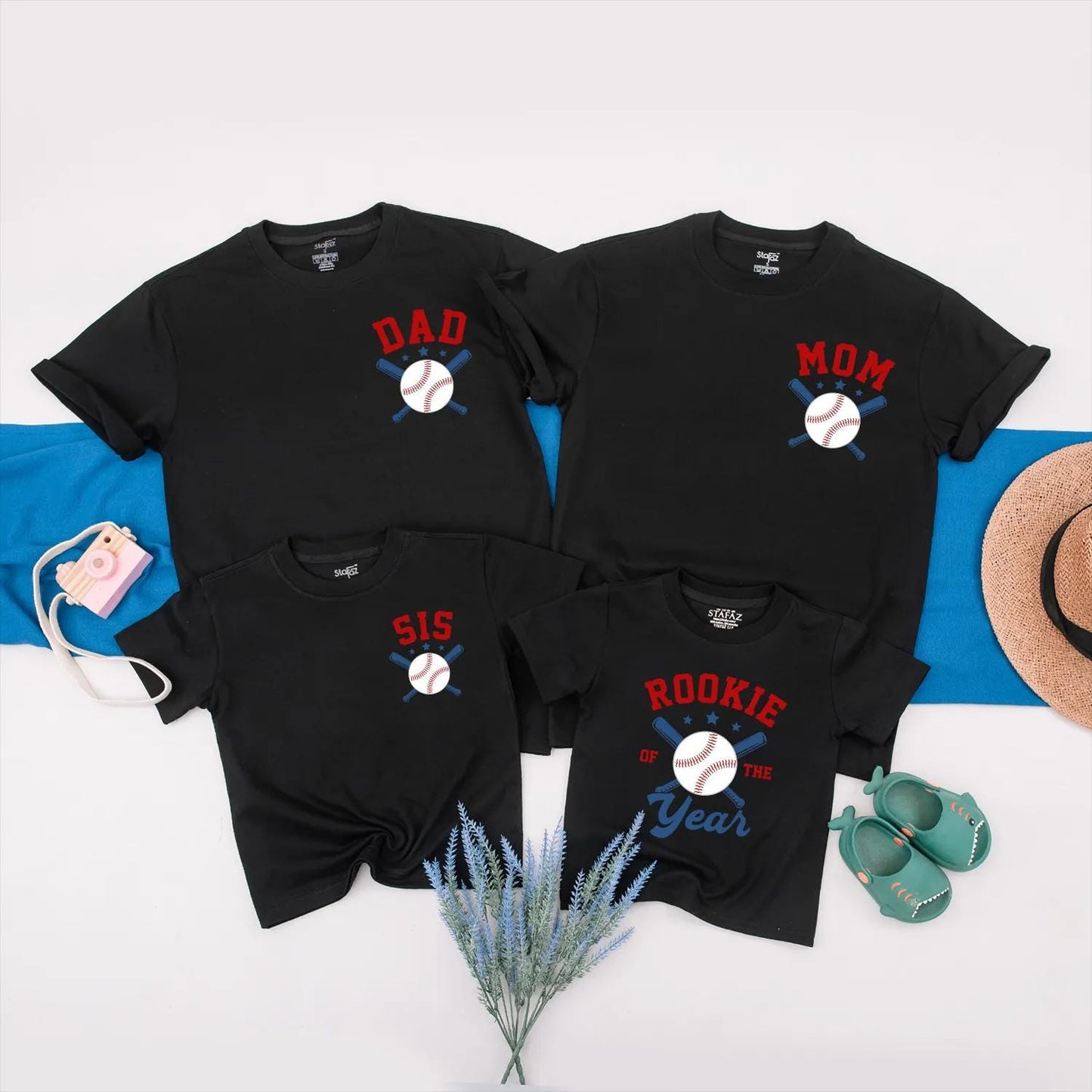 Rookie of the Year Baseball Family Matching Outfits, 1st Birthday Romper Set, Game Day Shirts for Dad, Mom, Bro, Red White Blue Star Accents (138 chars)