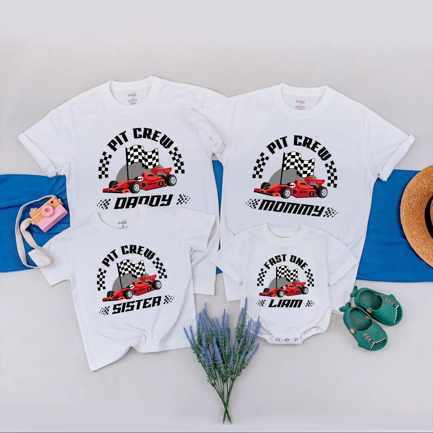 Personalized Pit Crew Race Car Family Matching Shirts & Fast One Baby Romper Cartoon Red Car Playful 1st Birthday Gift for Boy