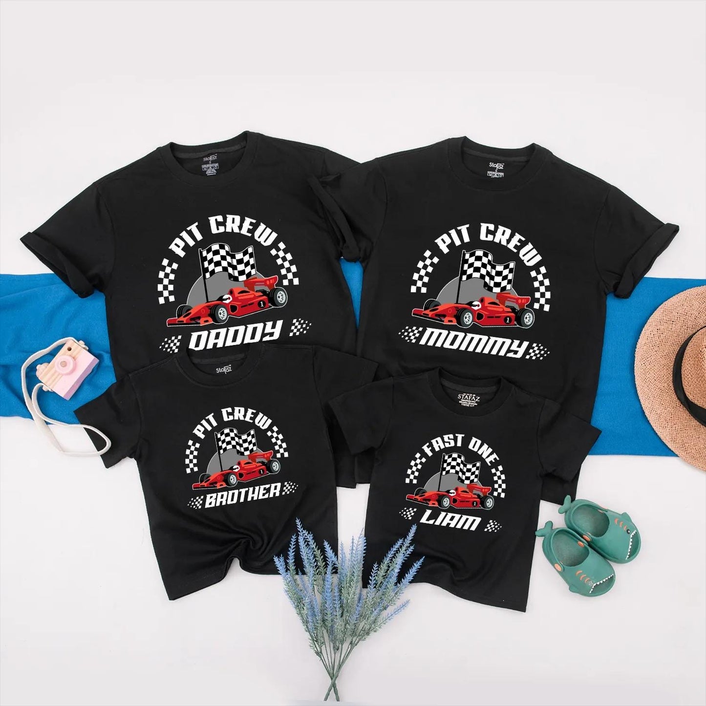 Personalized Pit Crew Race Car Family Matching Shirts & Fast One Baby Romper Cartoon Red Car Playful 1st Birthday Gift for Boy