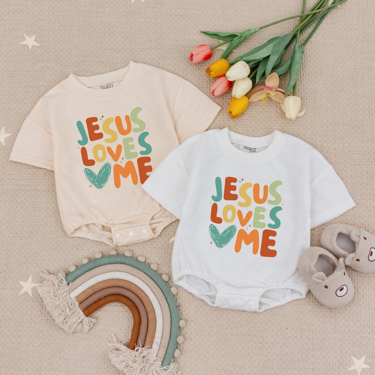 Jesus Loves Me Colorful Christian Baby Bodysuit Jesus Heart Design Church Outfit First Baby Gift