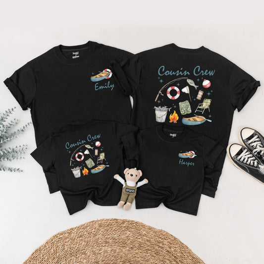 Custom Cousin Crew Matching Shirts for Lake Fishing & Camping Trip with Whimsical Hand-Drawn Watercolor Design, Family Outdoor Adventure Apparel Gift
