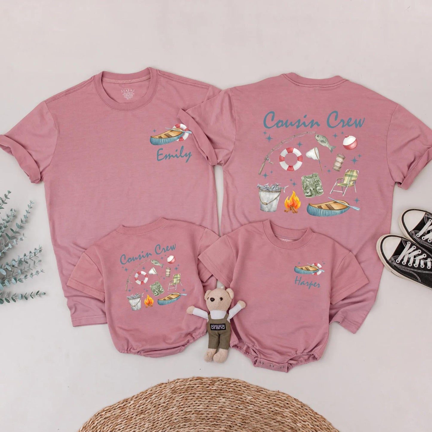 Custom Cousin Crew Matching Shirts for Lake Fishing & Camping Trip with Whimsical Hand-Drawn Watercolor Design, Family Outdoor Adventure Apparel Gift