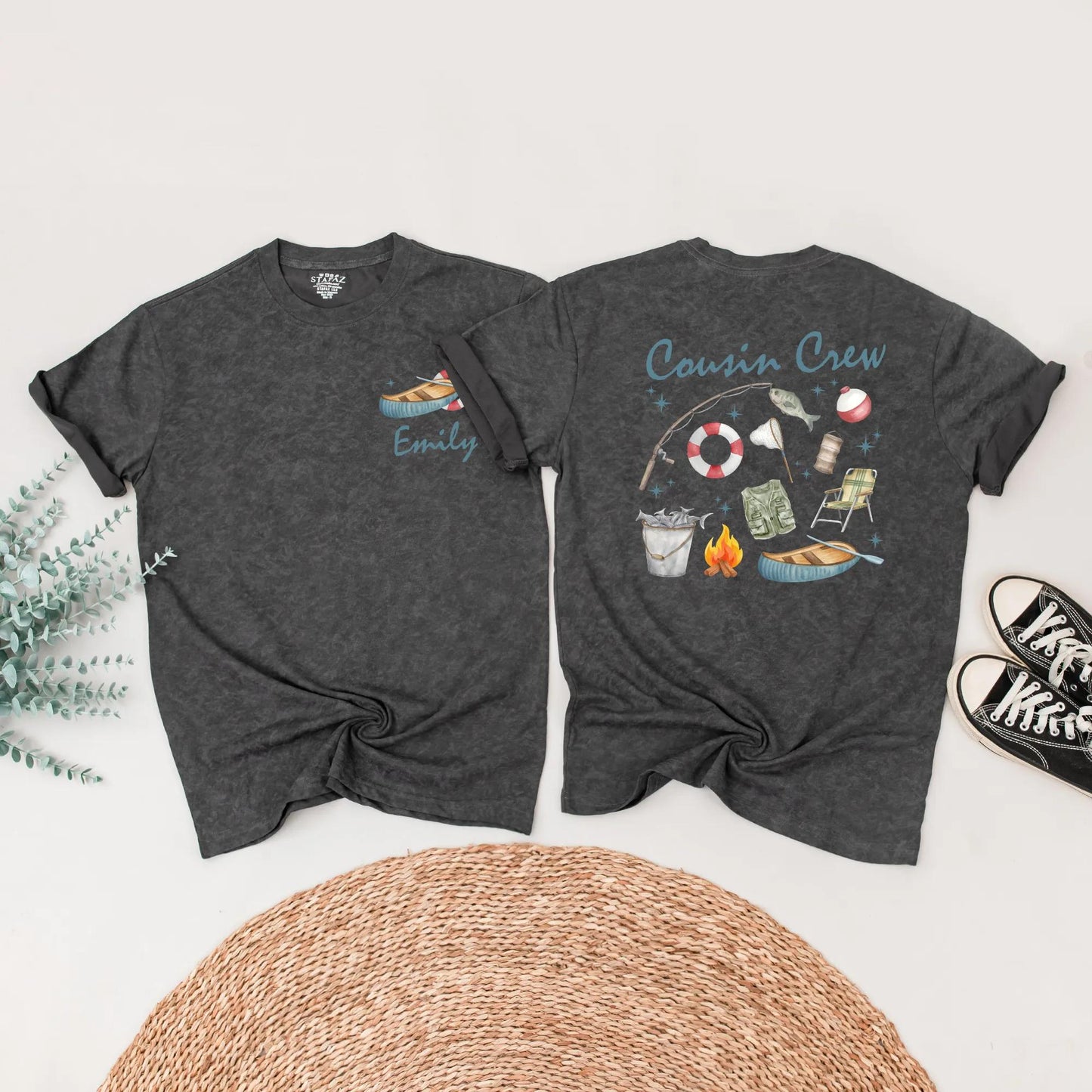 Custom Cousin Crew Matching Shirts for Lake Fishing & Camping Trip with Whimsical Hand-Drawn Watercolor Design, Family Outdoor Adventure Apparel Gift