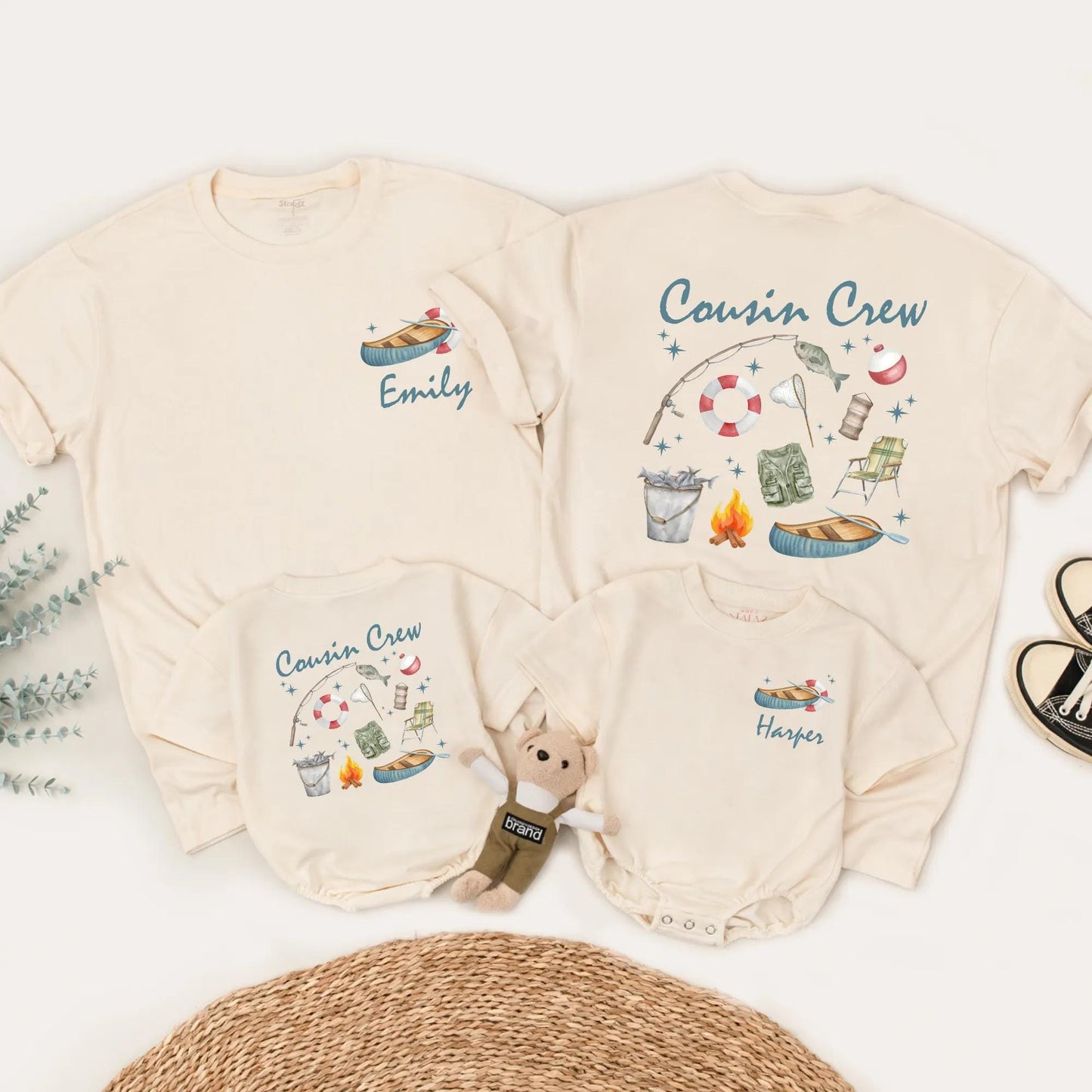 Custom Cousin Crew Matching Shirts for Lake Fishing & Camping Trip with Whimsical Hand-Drawn Watercolor Design, Family Outdoor Adventure Apparel Gift