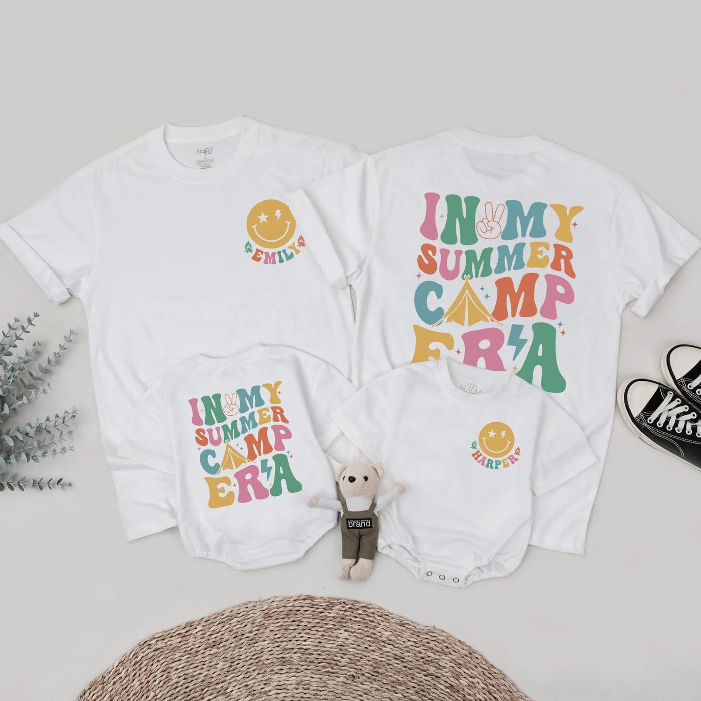 Personalized Summer Camp Era Family Matching Shirts Retro Vacation Outfits Custom Name Tee Lightning Bolt & Tent Design Comfy Group Trip Clothes