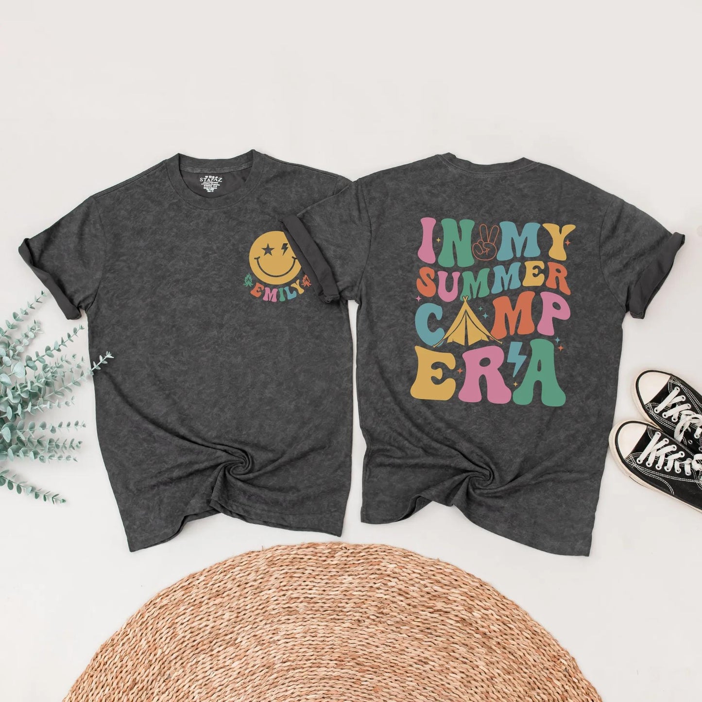 Personalized Summer Camp Era Family Matching Shirts Retro Vacation Outfits Custom Name Tee Lightning Bolt & Tent Design Comfy Group Trip Clothes