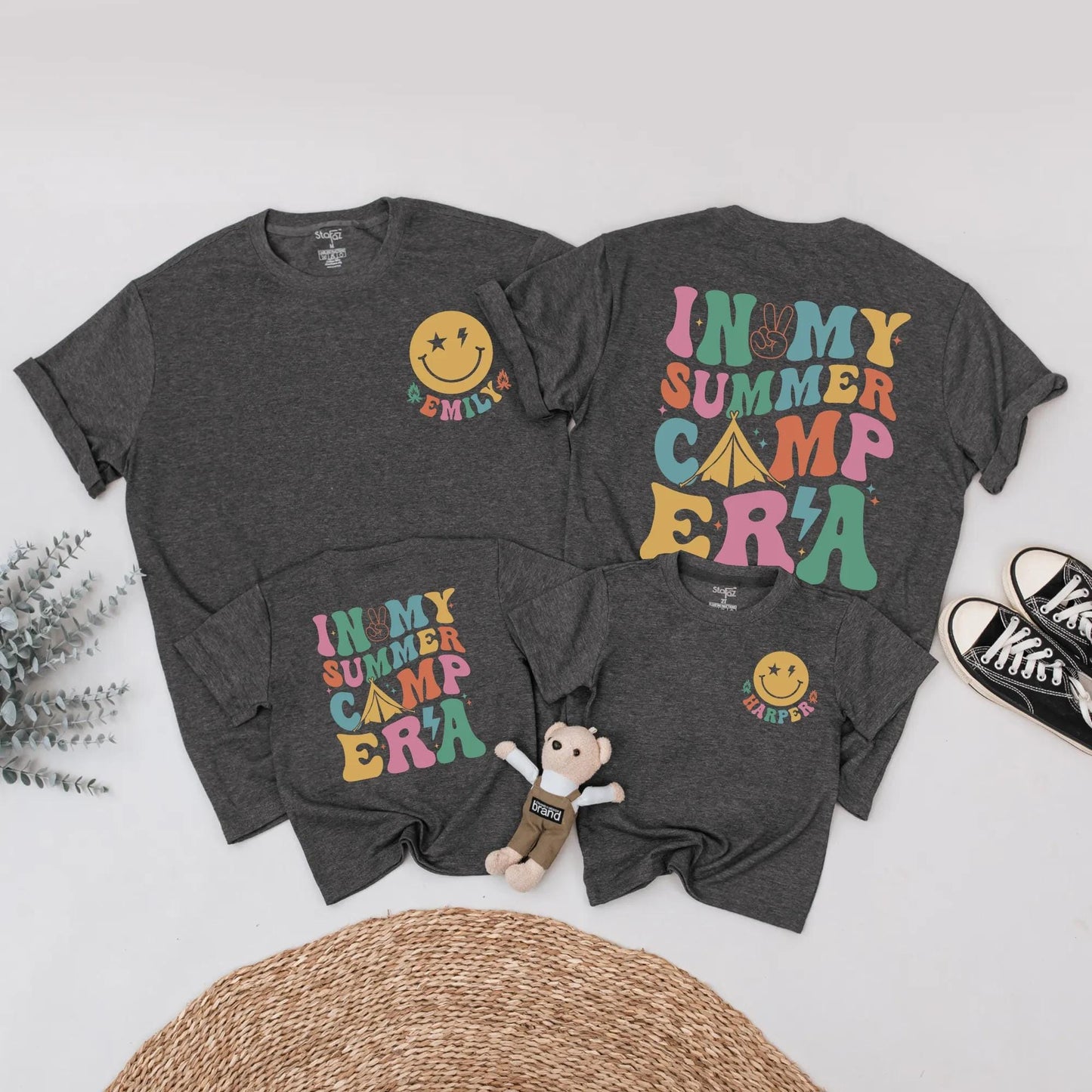 Personalized Summer Camp Era Family Matching Shirts Retro Vacation Outfits Custom Name Tee Lightning Bolt & Tent Design Comfy Group Trip Clothes