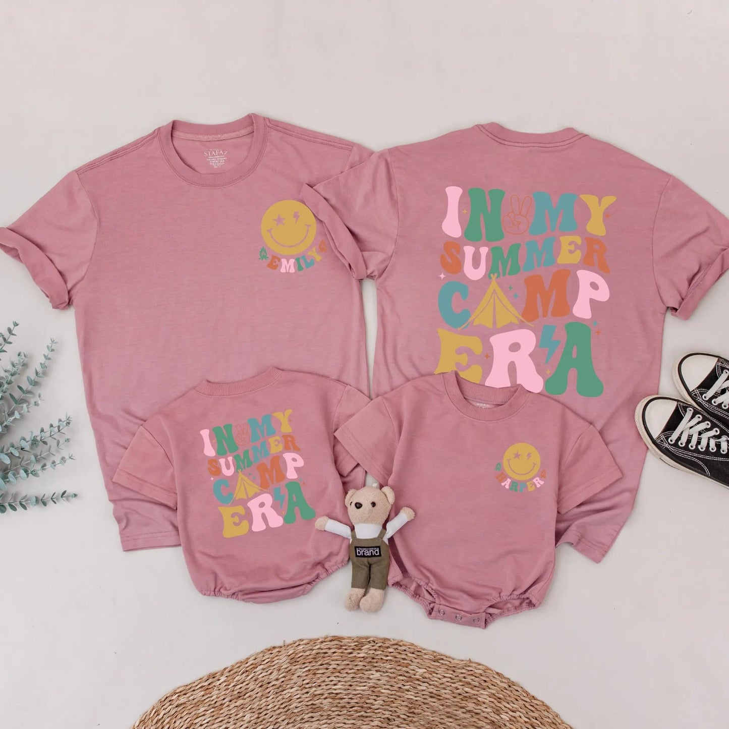 Personalized Summer Camp Era Family Matching Shirts Retro Vacation Outfits Custom Name Tee Lightning Bolt & Tent Design Comfy Group Trip Clothes