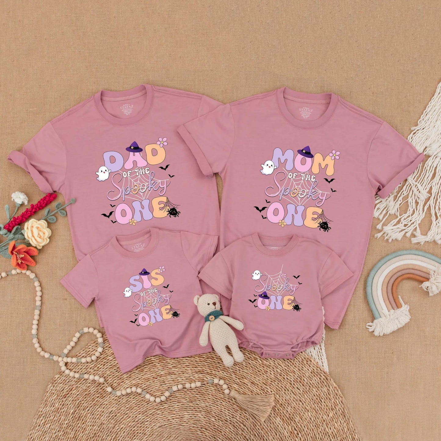 Cute Pastel Halloween Spooky One Matching Family Shirts Mom Dad Brother Ghost Bat Floral Design Festive Birthday Outfit