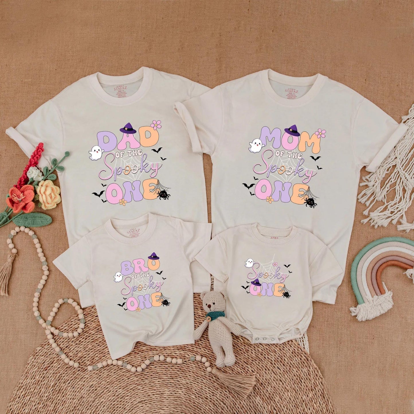 Cute Pastel Halloween Spooky One Matching Family Shirts Mom Dad Brother Ghost Bat Floral Design Festive Birthday Outfit
