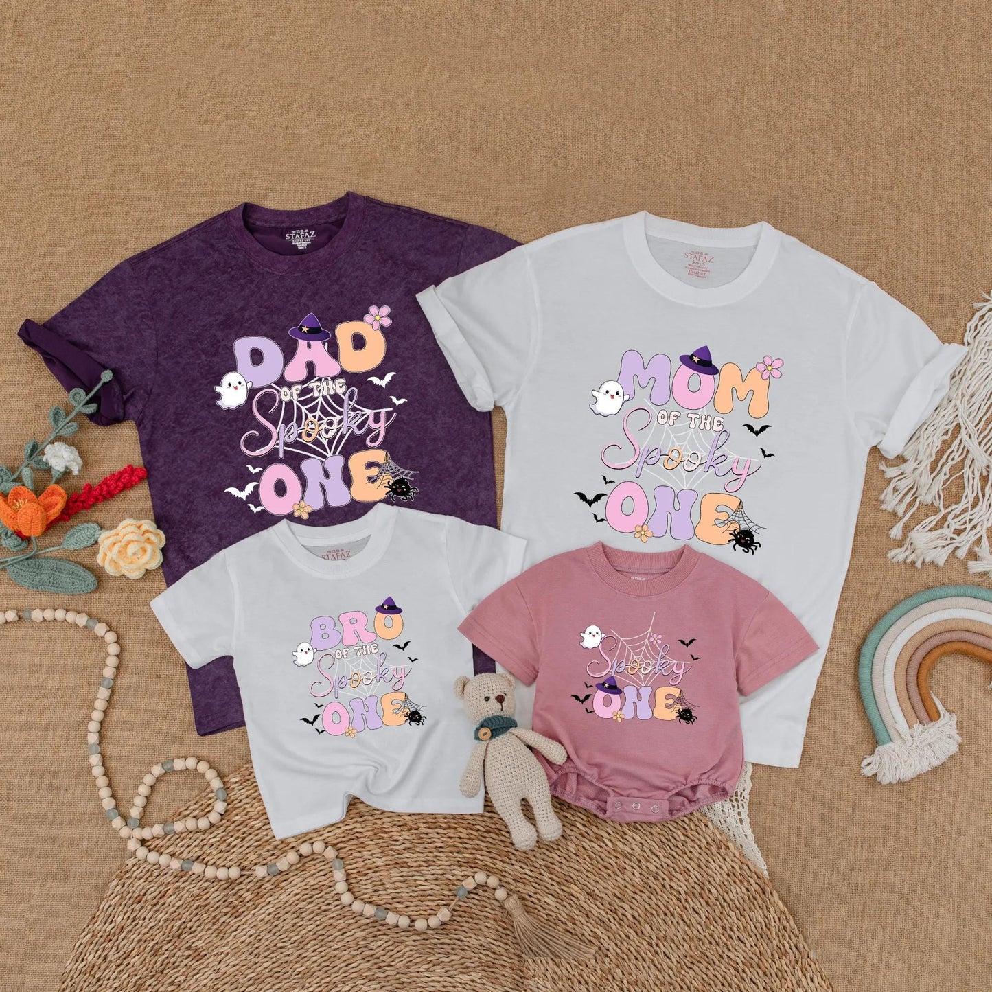 Cute Pastel Halloween Spooky One Matching Family Shirts Mom Dad Brother Ghost Bat Floral Design Festive Birthday Outfit