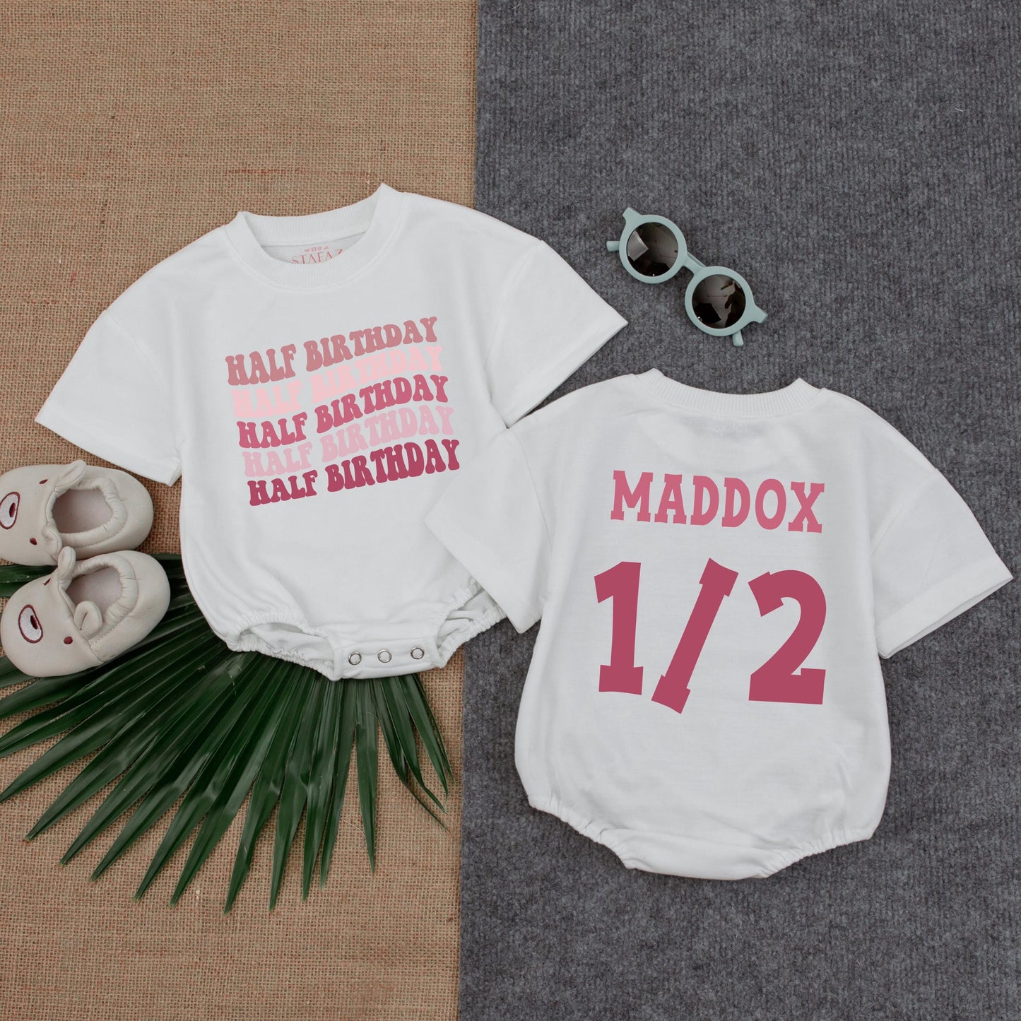 Pink Bubble Romper Half Birthday Outfit Six Months "Halfway To One" "Baby Girl" "Baby Boy" Infant Clothes Cotton Comfortable Summer Celebration Gift