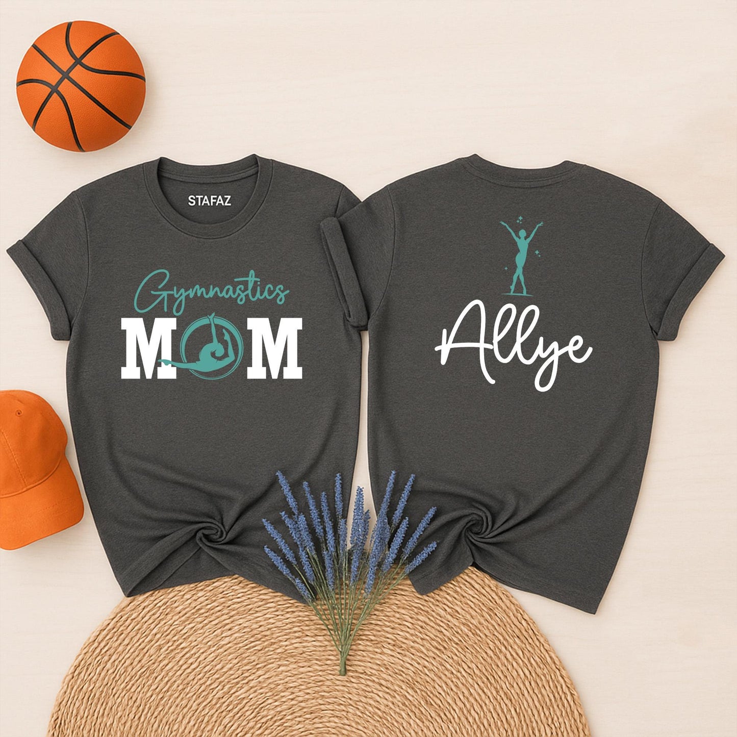 Gymnastics Mom Shirt: Custom Name Gym Mama Gift T-Shirt for Women, Heart on the Mat, Tumble & Cheer Gifts