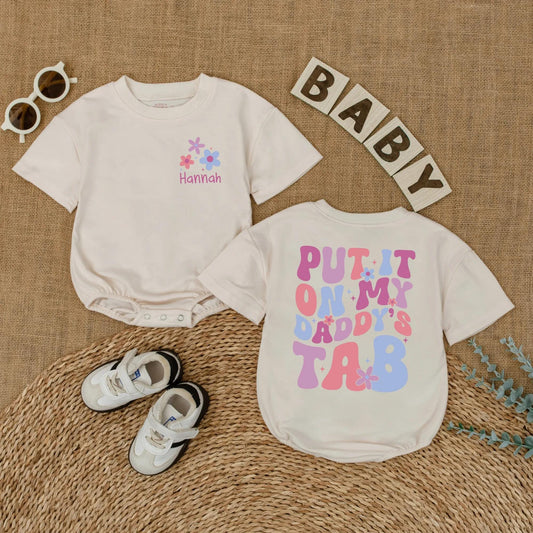 Daddy's Tab Funny Baby Romper, Put It On Daddy's Tab Bodysuit, Father's Day Gift, New Dad Outfit, Daddy's Girl Cotton Romper, Soft, Comfortable (137 chars)