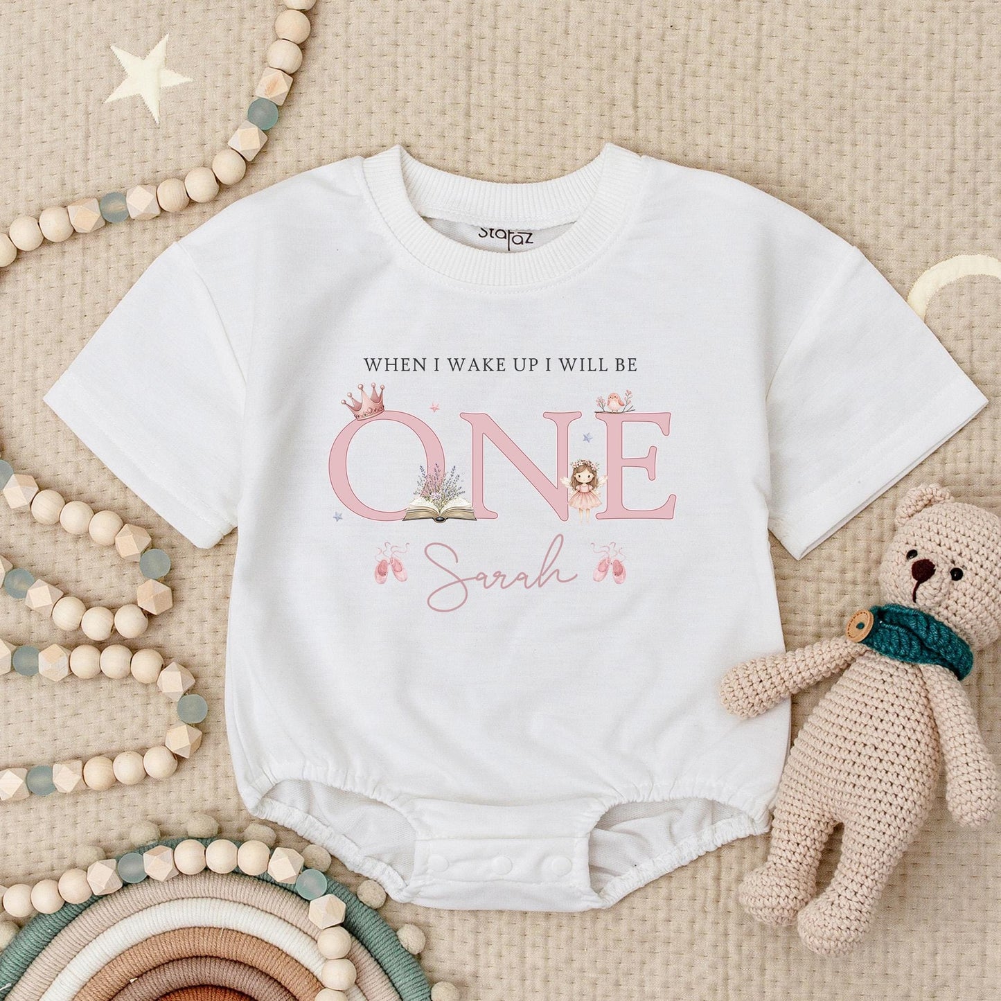 When I Wake Up I Will Be One Cute Pink Fairy Crown Romper Personalized Sarah First Birthday Outfit Baby Girl Gift