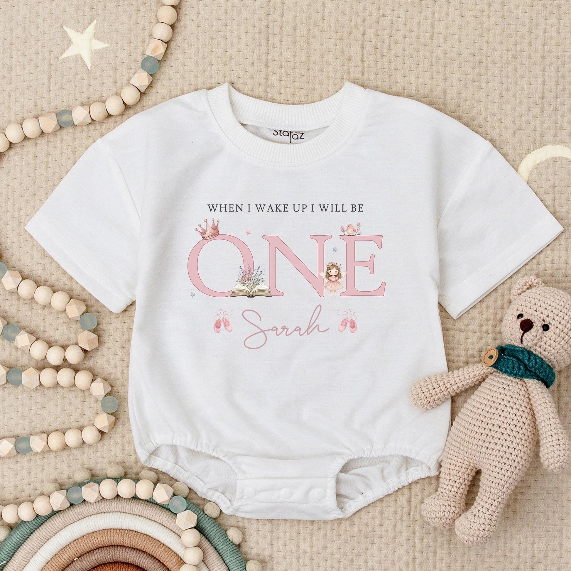 When I Wake Up I Will Be One Cute Pink Fairy Crown Romper Personalized Sarah First Birthday Outfit Baby Girl Gift