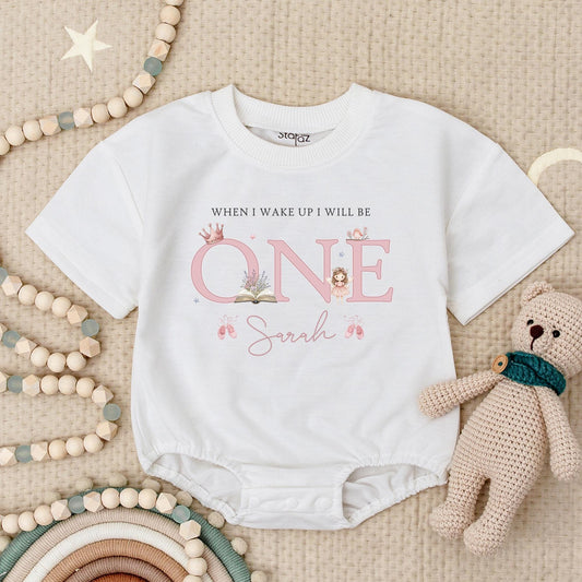 When I Wake Up I Will Be One Cute Pink Fairy Crown Romper Personalized Sarah First Birthday Outfit Baby Girl Gift