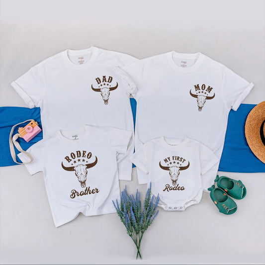 My First Rodeo Family Matching Shirts Custom Cowboy Birthday Outfit featuring Steer Skull Vintage Western Farm Style Apparel Baby Boy Romper