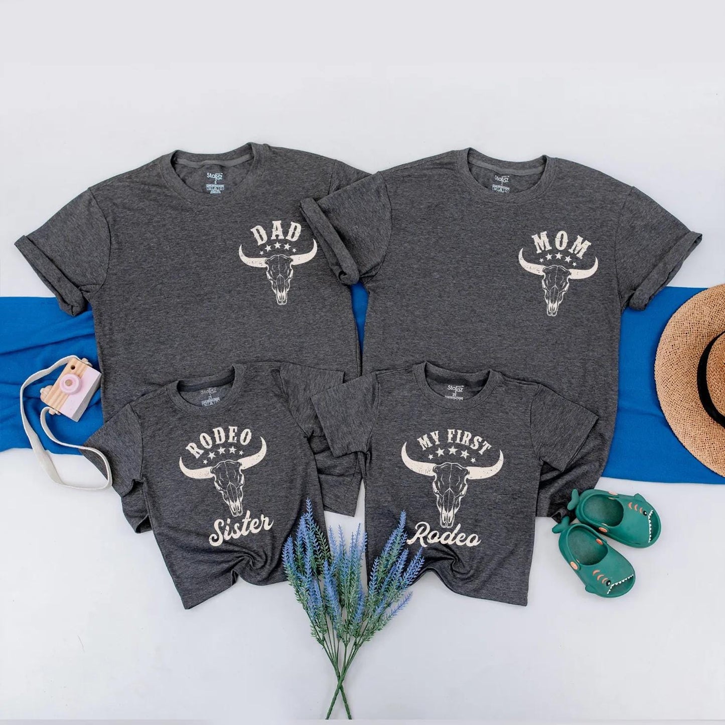 My First Rodeo Family Matching Shirts Custom Cowboy Birthday Outfit featuring Steer Skull Vintage Western Farm Style Apparel Baby Boy Romper