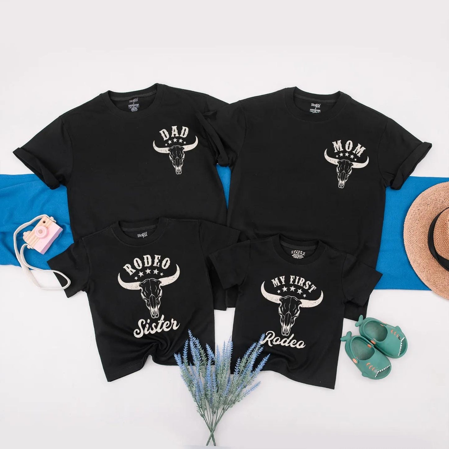 My First Rodeo Family Matching Shirts Custom Cowboy Birthday Outfit featuring Steer Skull Vintage Western Farm Style Apparel Baby Boy Romper