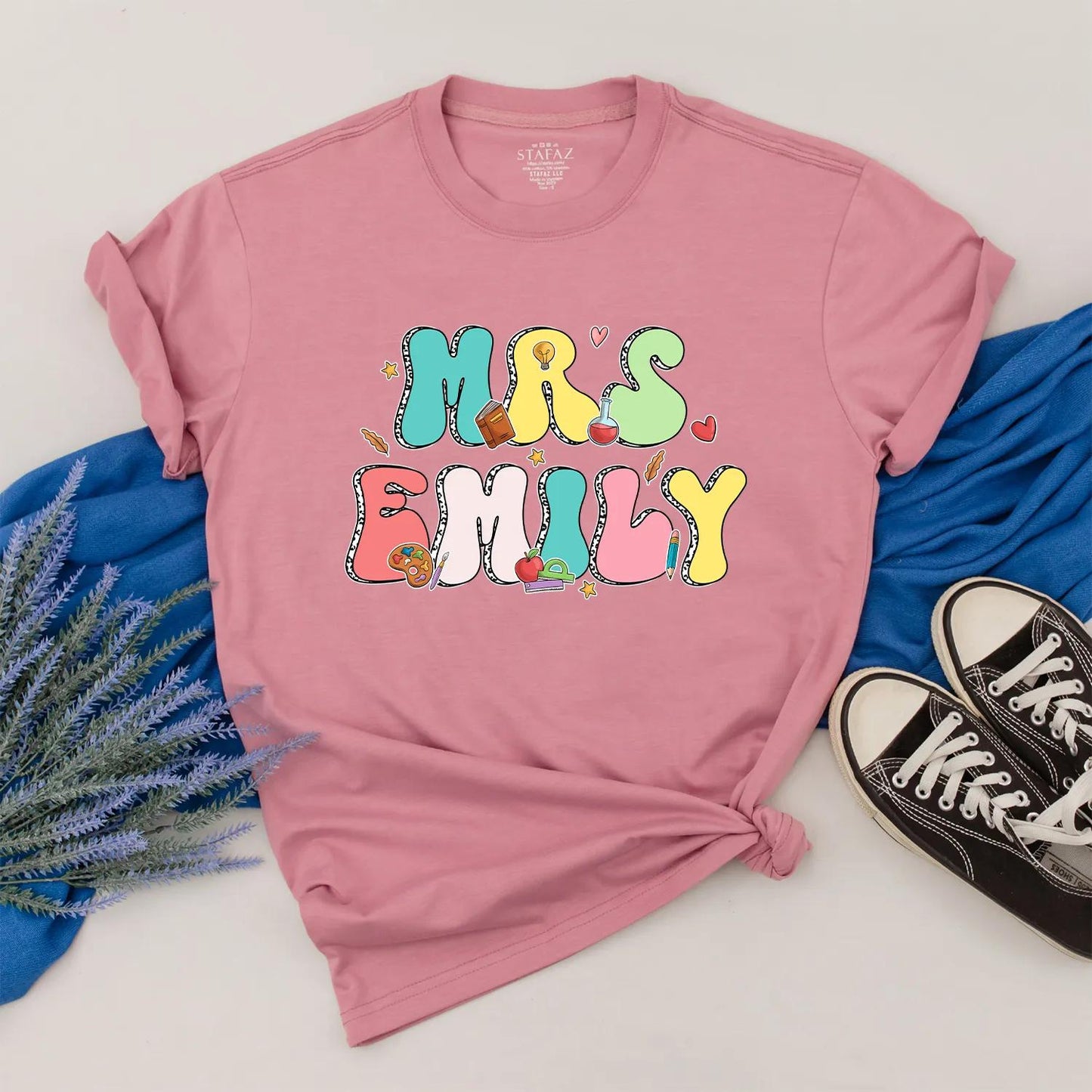 Personalized Teacher Shirt Mrs. Emily Rainbow Name Back to School Outfit, Custom Colorful Letters, Cute Heart Apple Beaker Book Pencil Graphic Gift for Women (138)