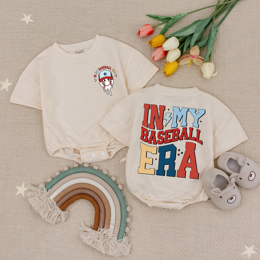 In My Baseball Era Baby Romper: Retro Game Day Outfit with Melting Baseball Graphic, Stars, Red, Yellow & Blue Design, Infant Baseball Season Babysuit 139