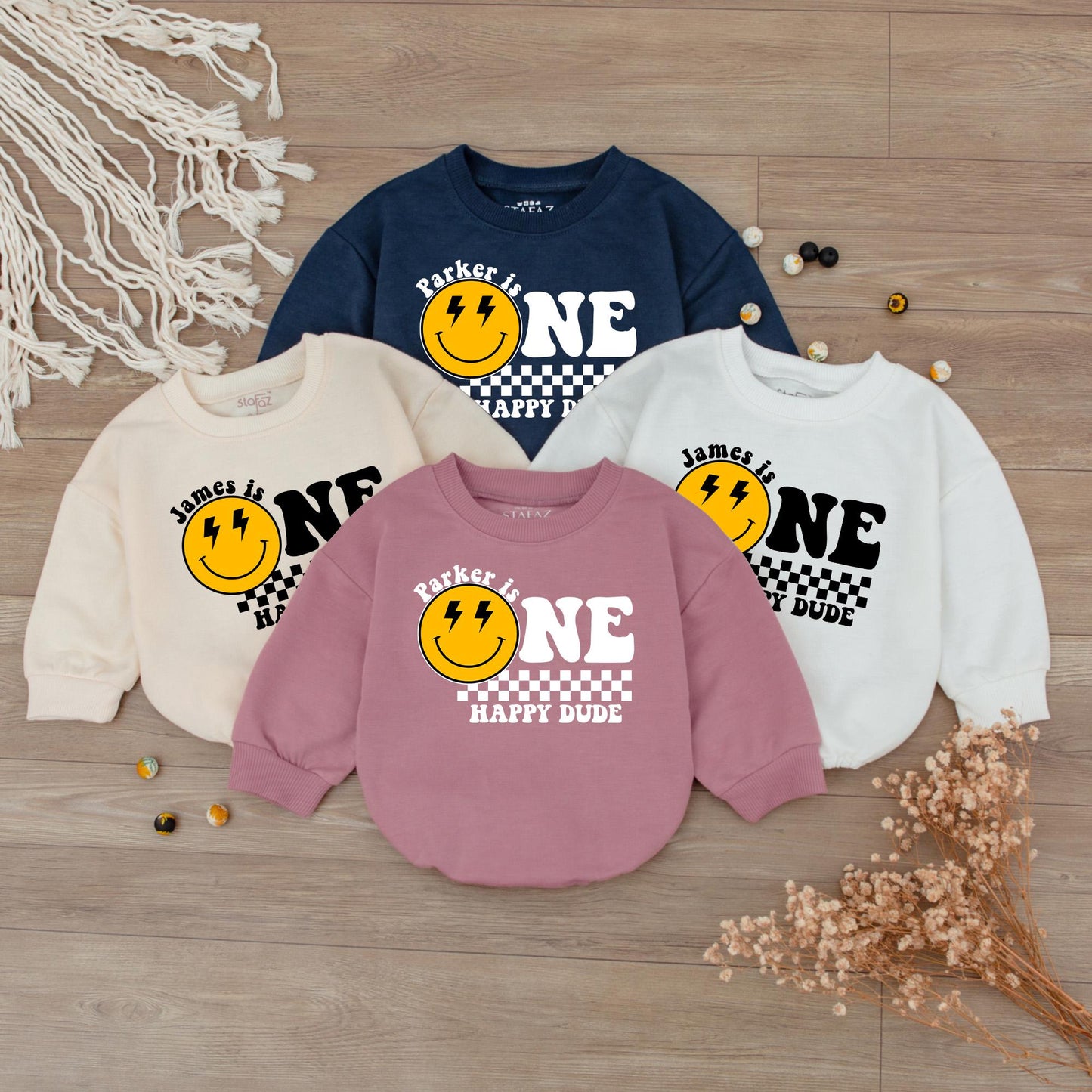 One Happy Dude Birthday Bodysuit First Birthday Smiley Face Outfit for Baby Boy Custom Name Personalized