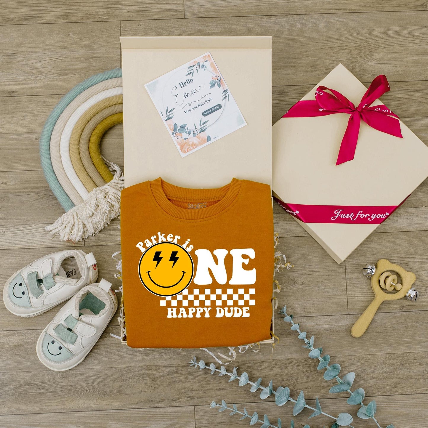 One Happy Dude Birthday Bodysuit First Birthday Smiley Face Outfit for Baby Boy Custom Name Personalized