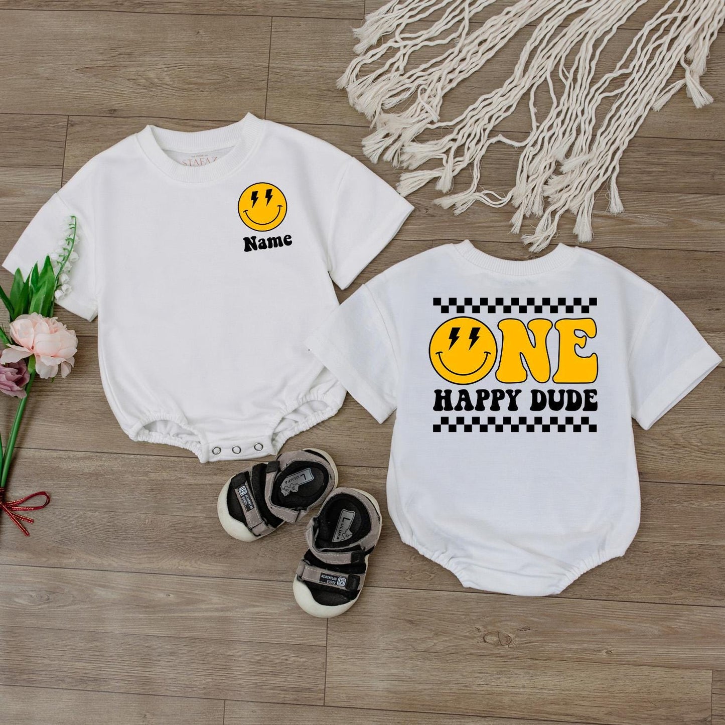 One Happy Dude Bubble Romper Smiley Face Birthday Outfit Custom 1st Birthday Baby Clothes Cake Smash Outfit