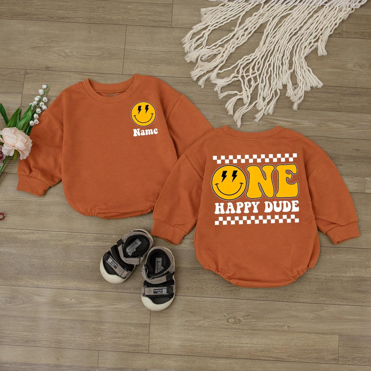 One Happy Dude Bubble Romper Smiley Face Birthday Outfit Custom 1st Birthday Baby Clothes Cake Smash Outfit