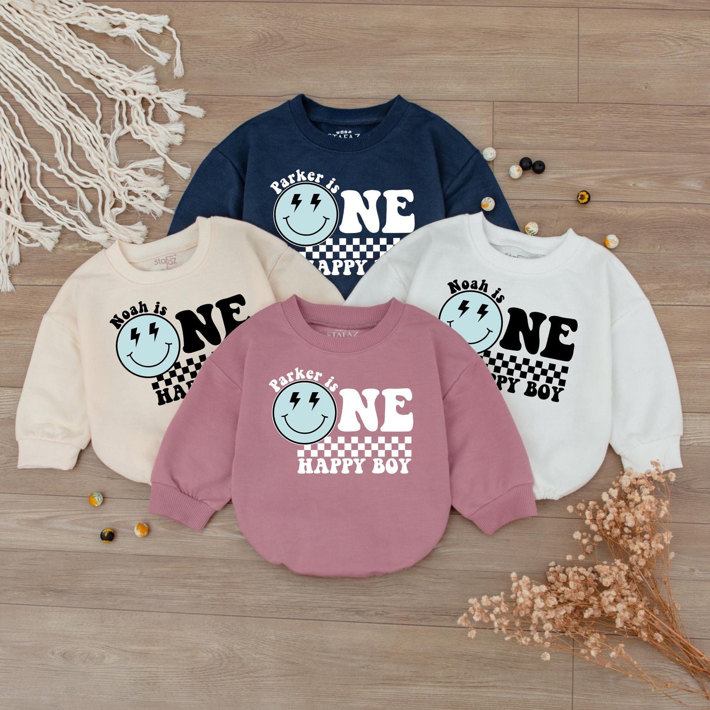 Custom One Happy Boy Birthday Bodysuit Smiley Face Outfit First Birthday Personalized Toddler Clothes