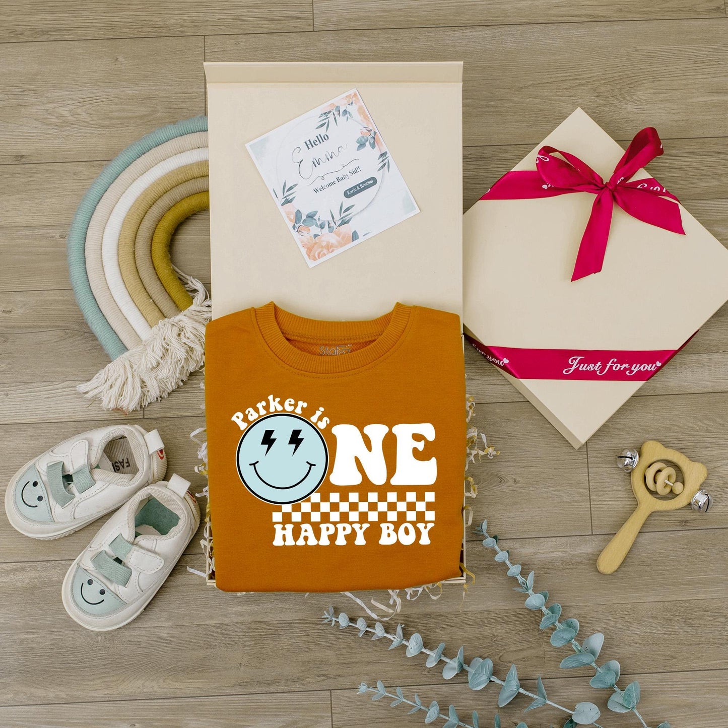 Custom One Happy Boy Birthday Bodysuit Smiley Face Outfit First Birthday Personalized Toddler Clothes