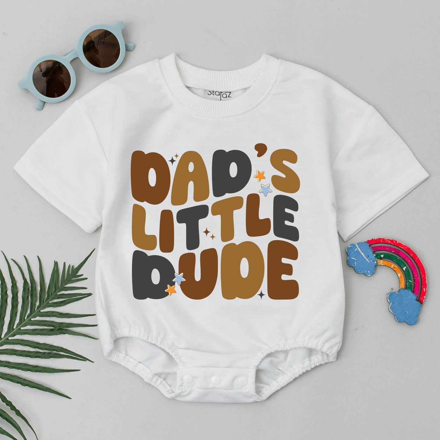 Dad's Little Dude Romper Retro Brown Gray Stars Baby Boy Outfit First Father's Day Gift