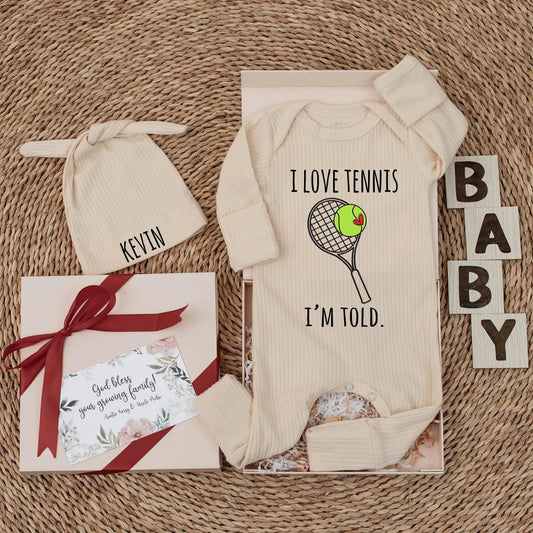 I Love Tennis I'm Told Baby Bodysuit, Funny Tennis Outfit for Baby Boy or Girl, Green Ball with Heart, Newborn Gift, Cute Infant Clothes