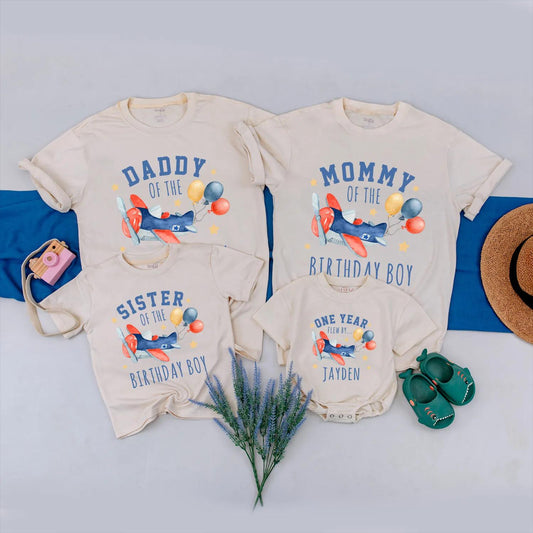 Matching Airplane Birthday Outfits: Blue & Red Airplanes with Balloons, Custom Family Shirts, First Birthday Boy/Girl Tees (140 chars)