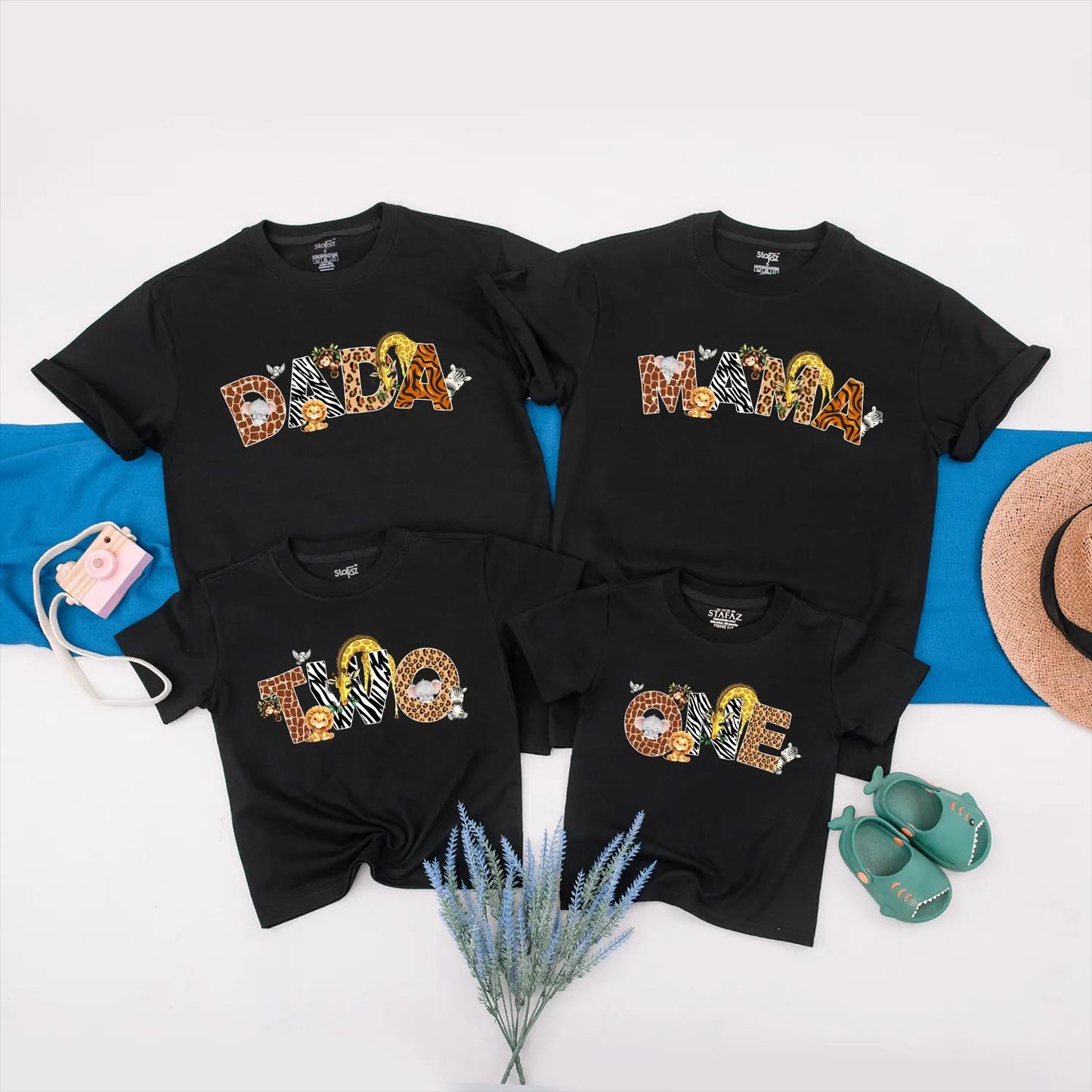Wild One Safari Birthday Matching Family Shirts Mama Dad Jungle Theme Lion Elephant Zebra Spots Orange Brown Black