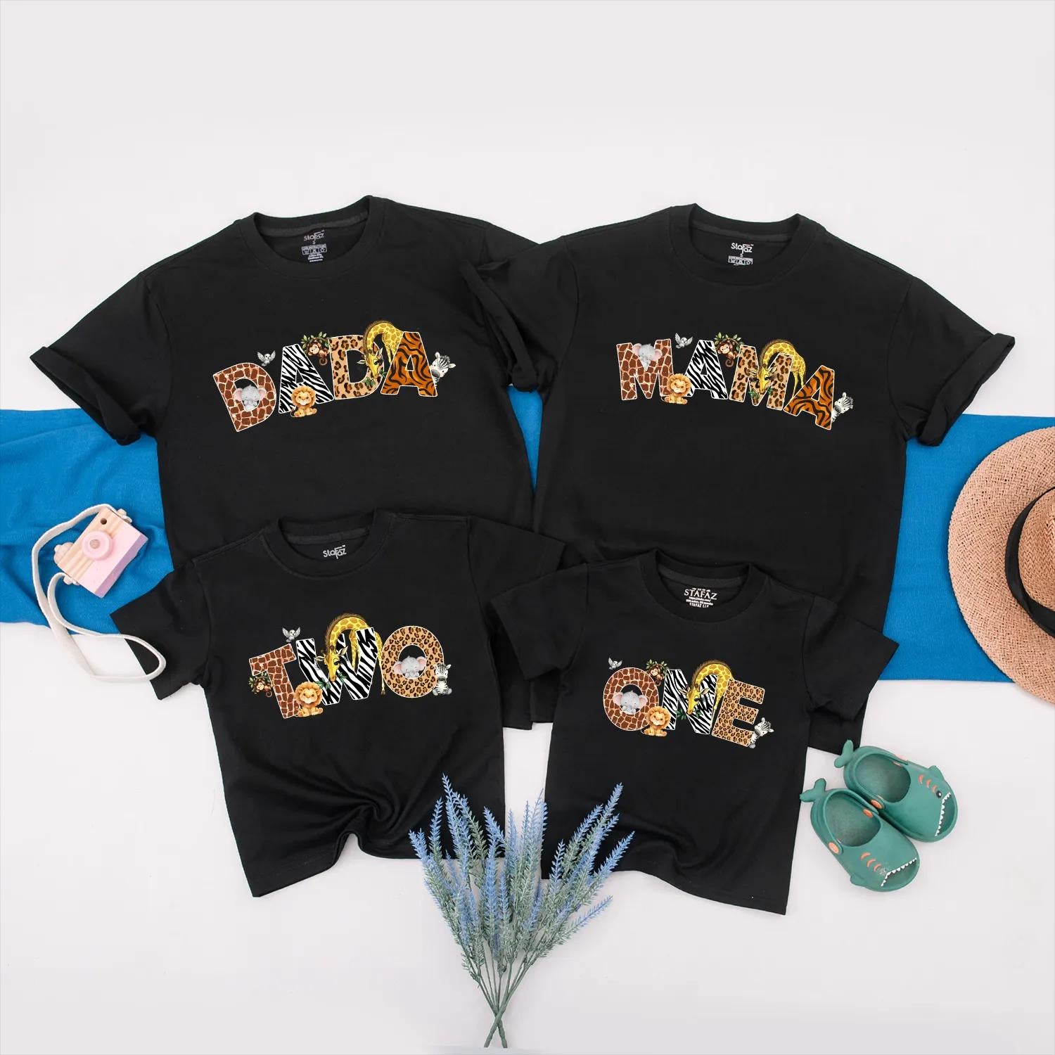 Wild One Safari Birthday Matching Family Shirts Mama Dad Jungle Theme Lion Elephant Zebra Spots Orange Brown Black
