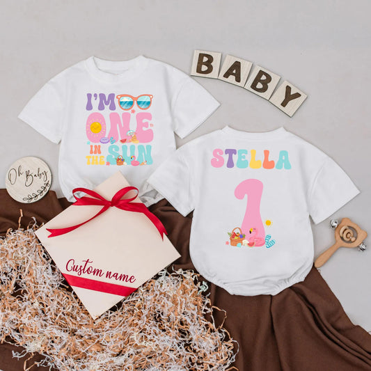 Personalized I'm One in the Sun Baby Romper, First Birthday Outfit, Custom Name Summer Clothes, 1st Birthday Gift Baby Girl, Toddler Shower