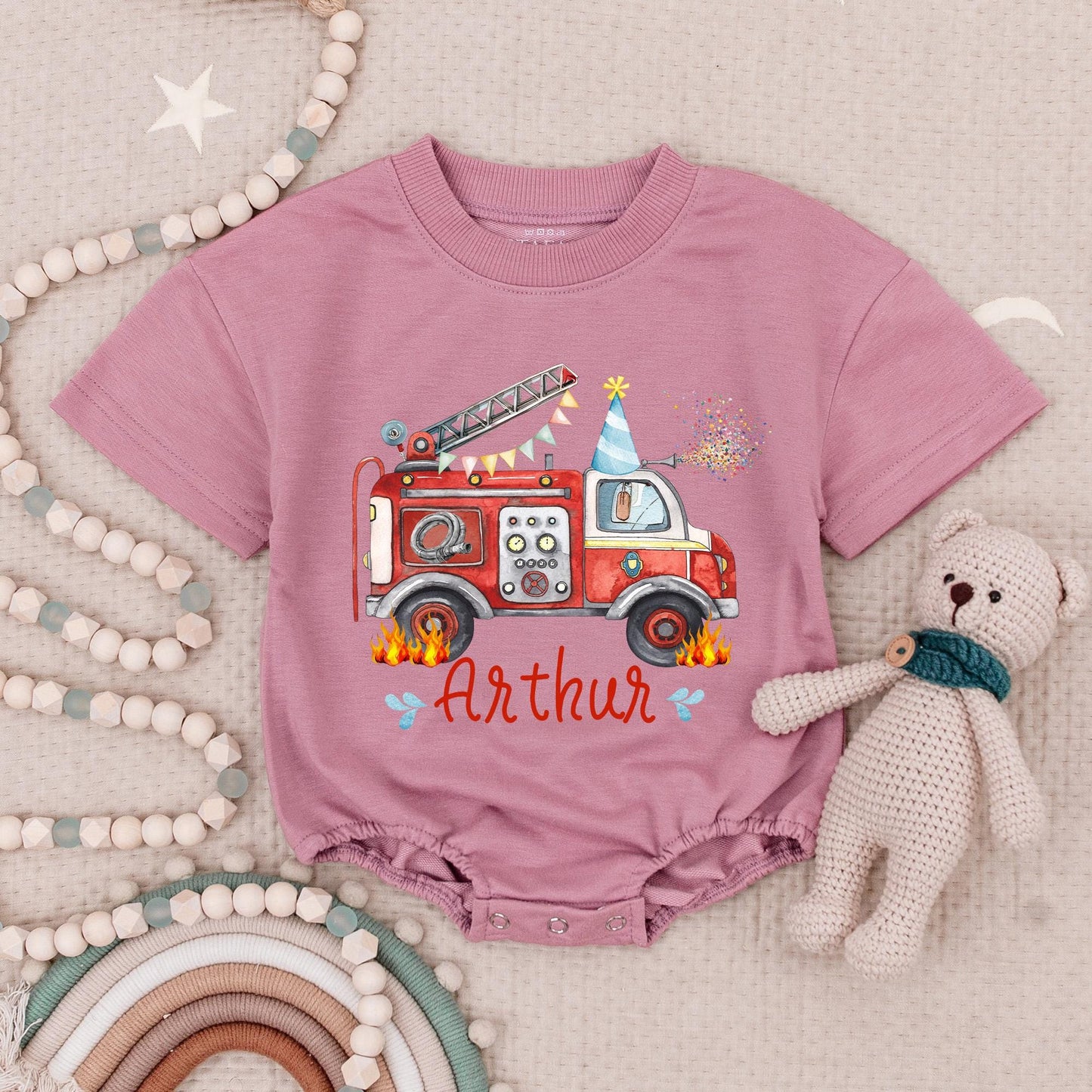 Arthur's Fire Truck Birthday Romper: Personalized First Birthday Outfit, Fun Fire Engine Party Babysuit, Cute Flames Design for Little Boys, Custom Name