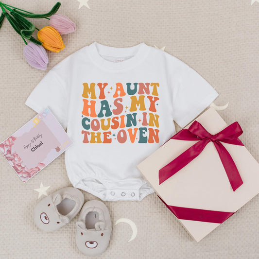 My Aunt Has My Cousin in the Oven Baby Romper Groovy Pregnancy Announcement Retro Teal Pink Orange Retro