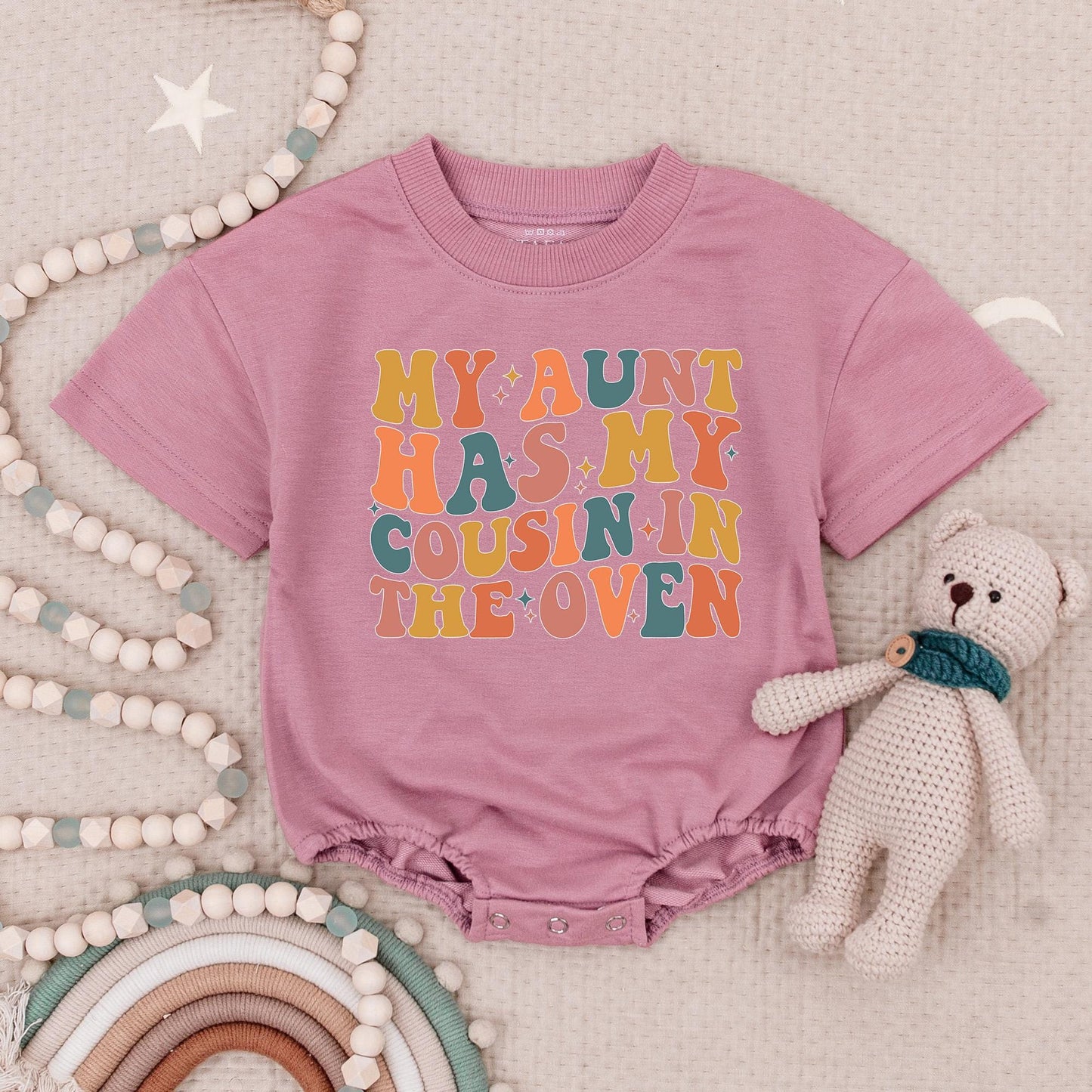 My Aunt Has My Cousin in the Oven Baby Romper Groovy Pregnancy Announcement Retro Teal Pink Orange Retro