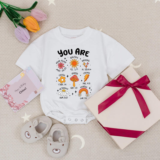 Christian "You Are" Baby Romper with Whimsical Art & Bible Verses - Joyful Newborn Clothes for Baby Shower Gift