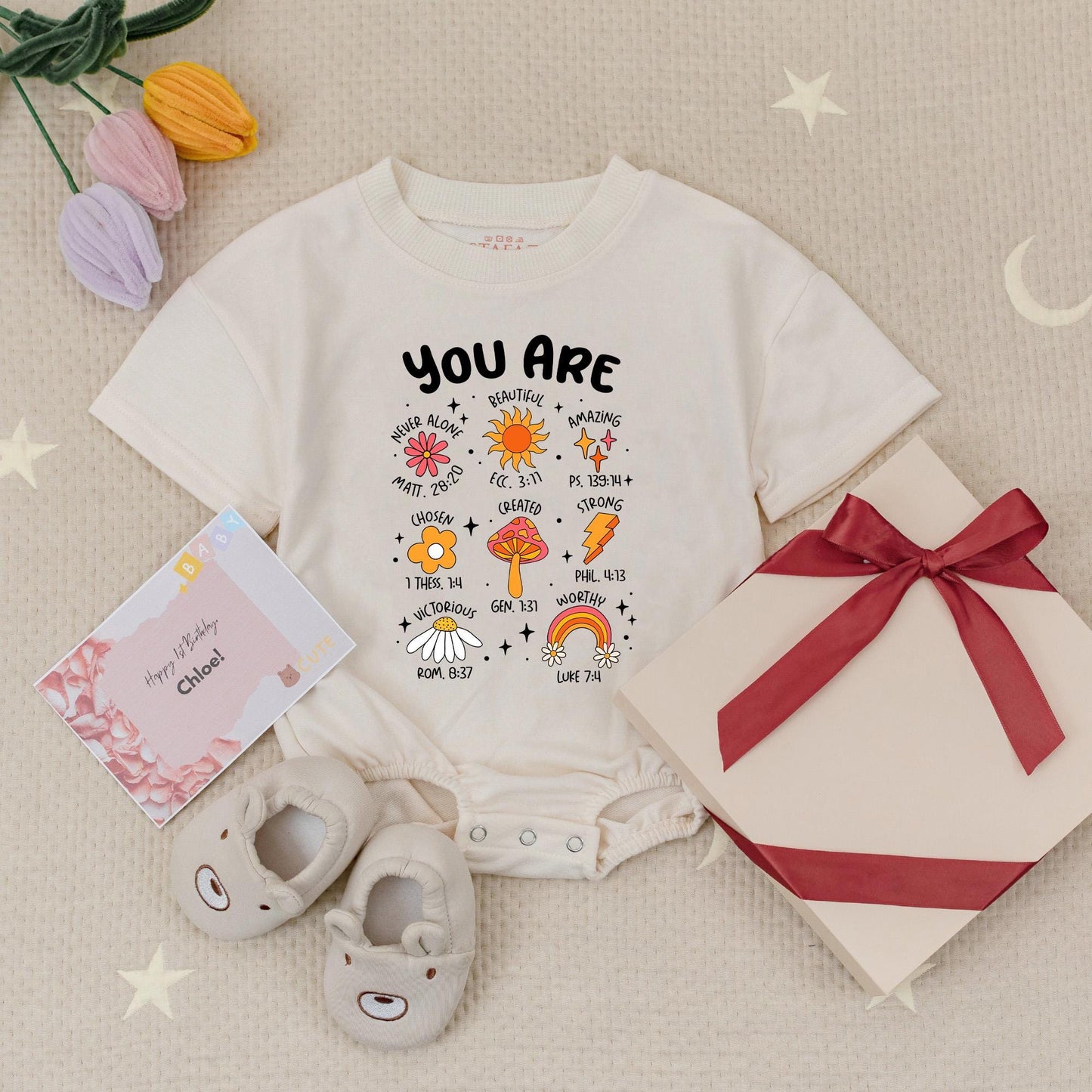 Christian "You Are" Baby Romper with Whimsical Art & Bible Verses - Joyful Newborn Clothes for Baby Shower Gift