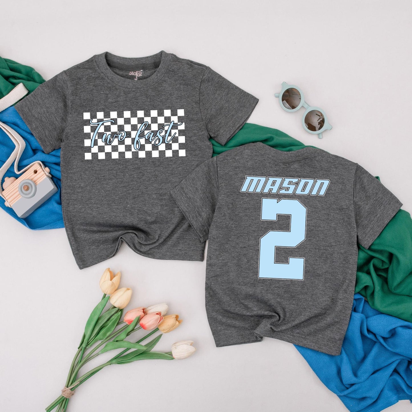 Personalized Two Fast Race Car Shirt Second Birthday Boy Outfit Fun Checkered 2 Year Old Toddler Party Gift Idea with Custom Name Number