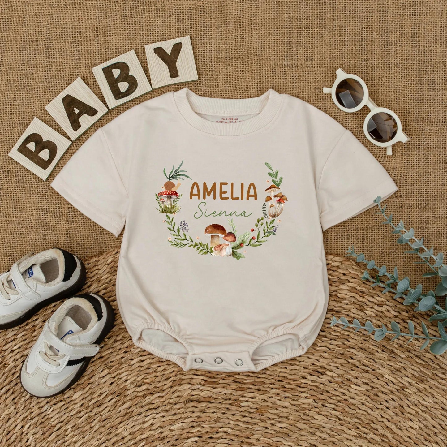 Custom Mushroom Baby Romper Personalized Woodland Forest Name Bodysuit Nature Baby Outfit Cute Gift