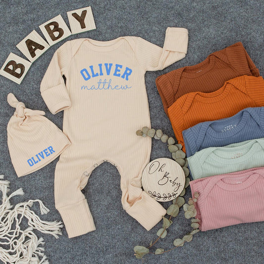 Baby Boy Coming Home Outfit Personalized Romper 'Oliver & Matthew' Blue Block & Script Font, Baby Shower Gift, Custom Name